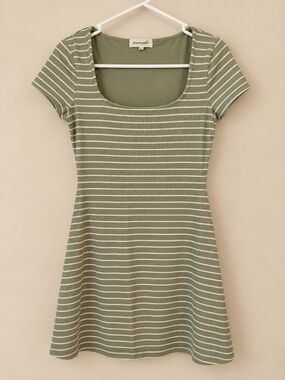 Free For All Sage Green White Striped Square Neck Mini Dress Size Small
